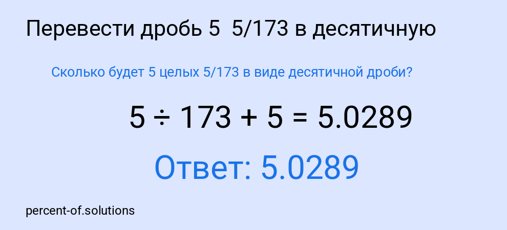 Сколько будет 5 целых  5/173 в виде десятичной дроби?