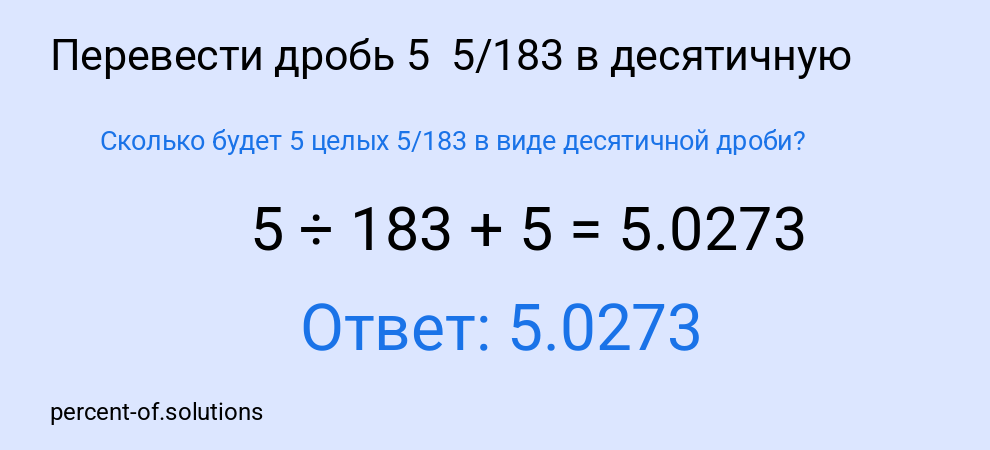 Сколько будет 5 целых 5/183 в виде десятичной дроби?