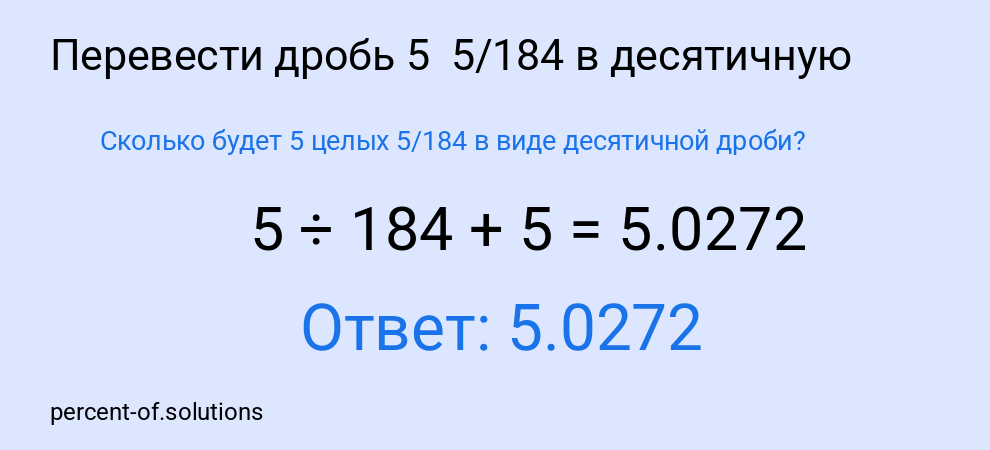 Сколько будет 5 целых 5/184 в виде десятичной дроби?