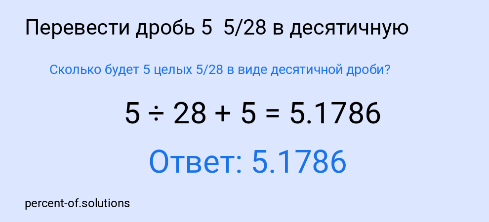 Сколько будет 5 целых  5/28 в виде десятичной дроби?