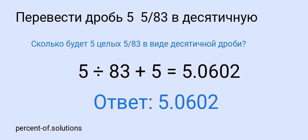 Сколько будет 5 целых  5/83 в виде десятичной дроби?