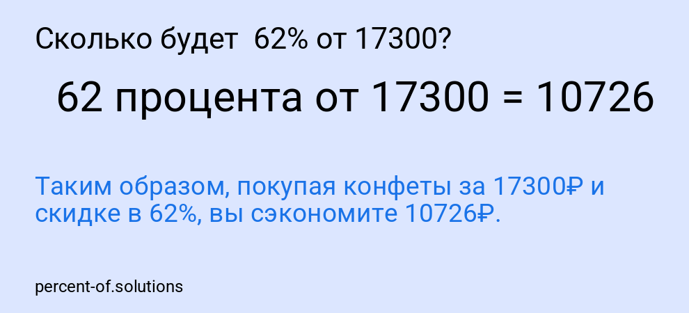 Сколько будет 62% от 17300?